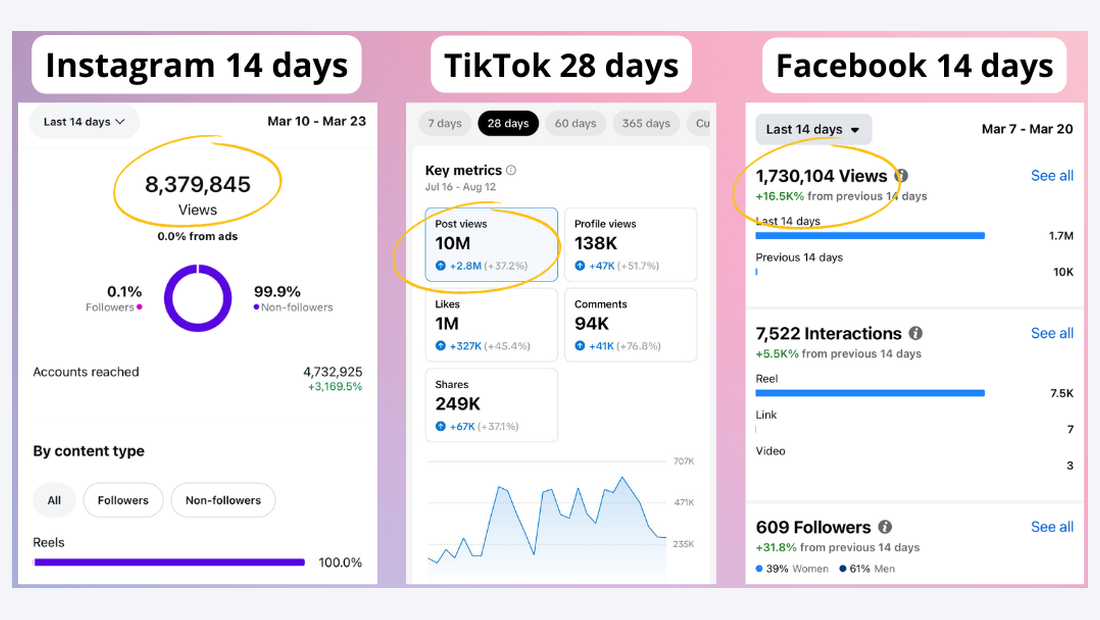 TikTok · No paid promotion: 10M — TikTok views in 28 days · Instagram 8.4M in 14 days